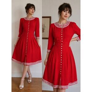 Vintage 80s L.G. Star Red Nautical Midi Dress Button Front Pleated Rayon Size 10